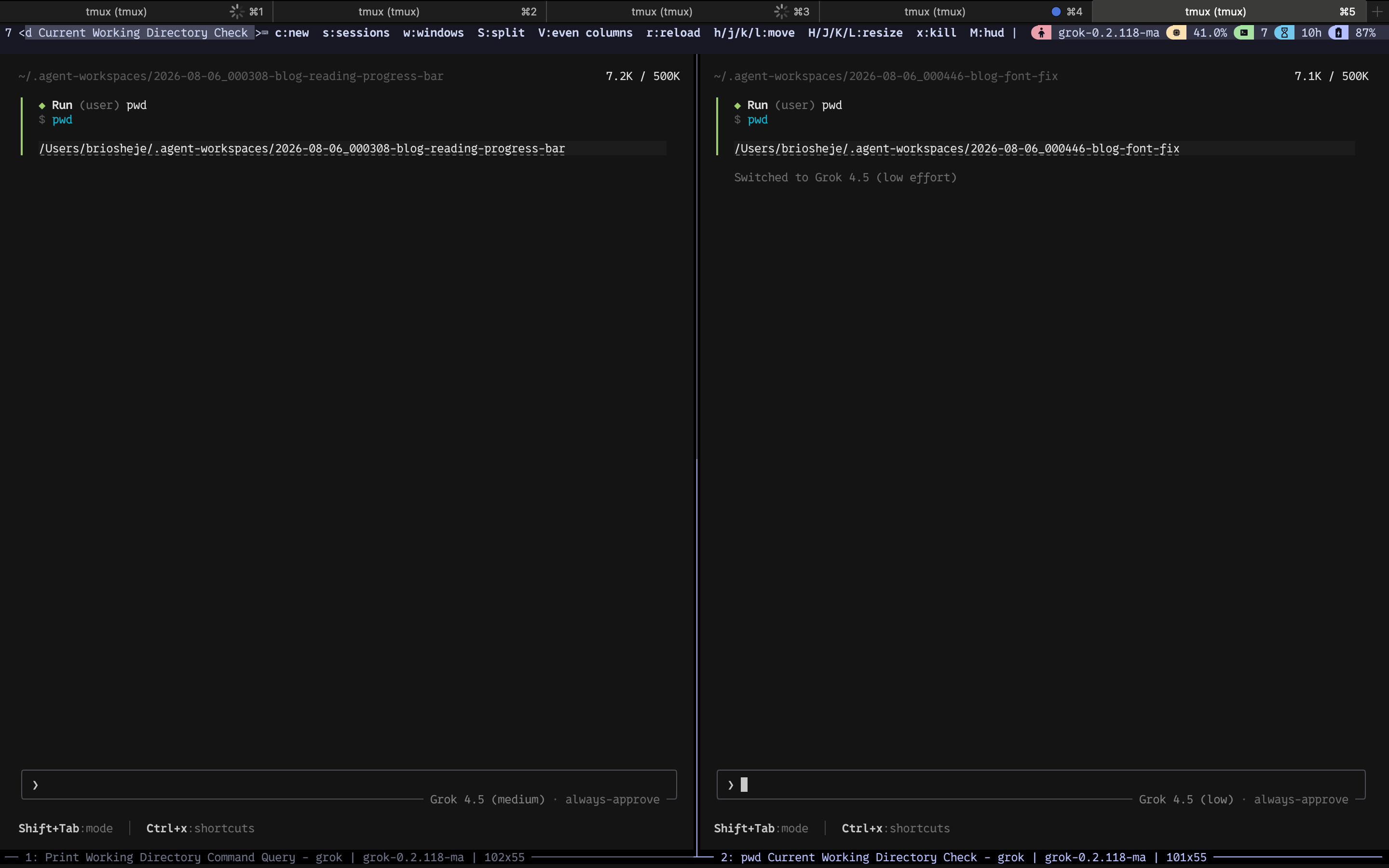 tmux split with two Grok agent panes in separate agent-workspaces directories
