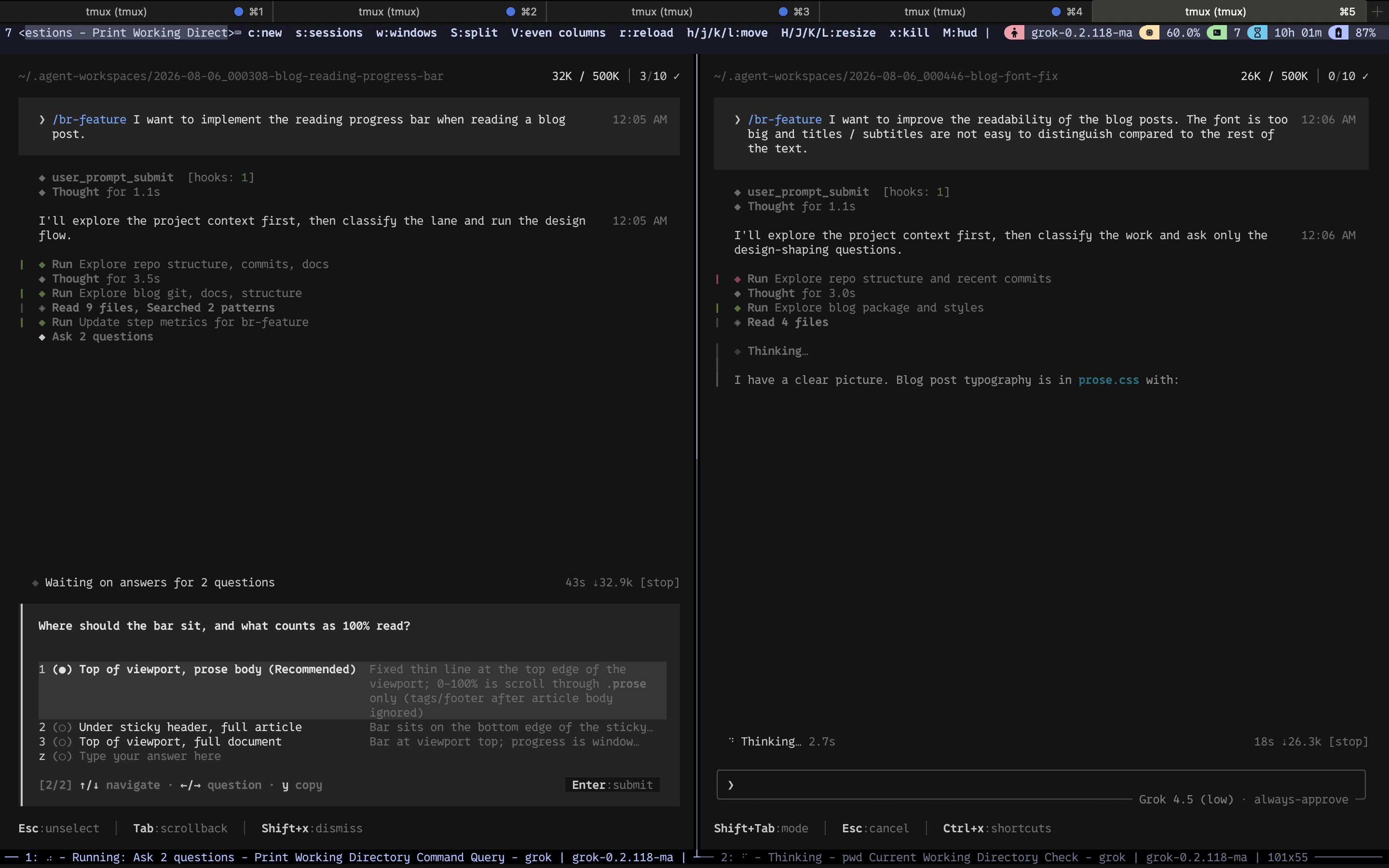 Two agent panes both running br-feature with design questions for progress bar and typography