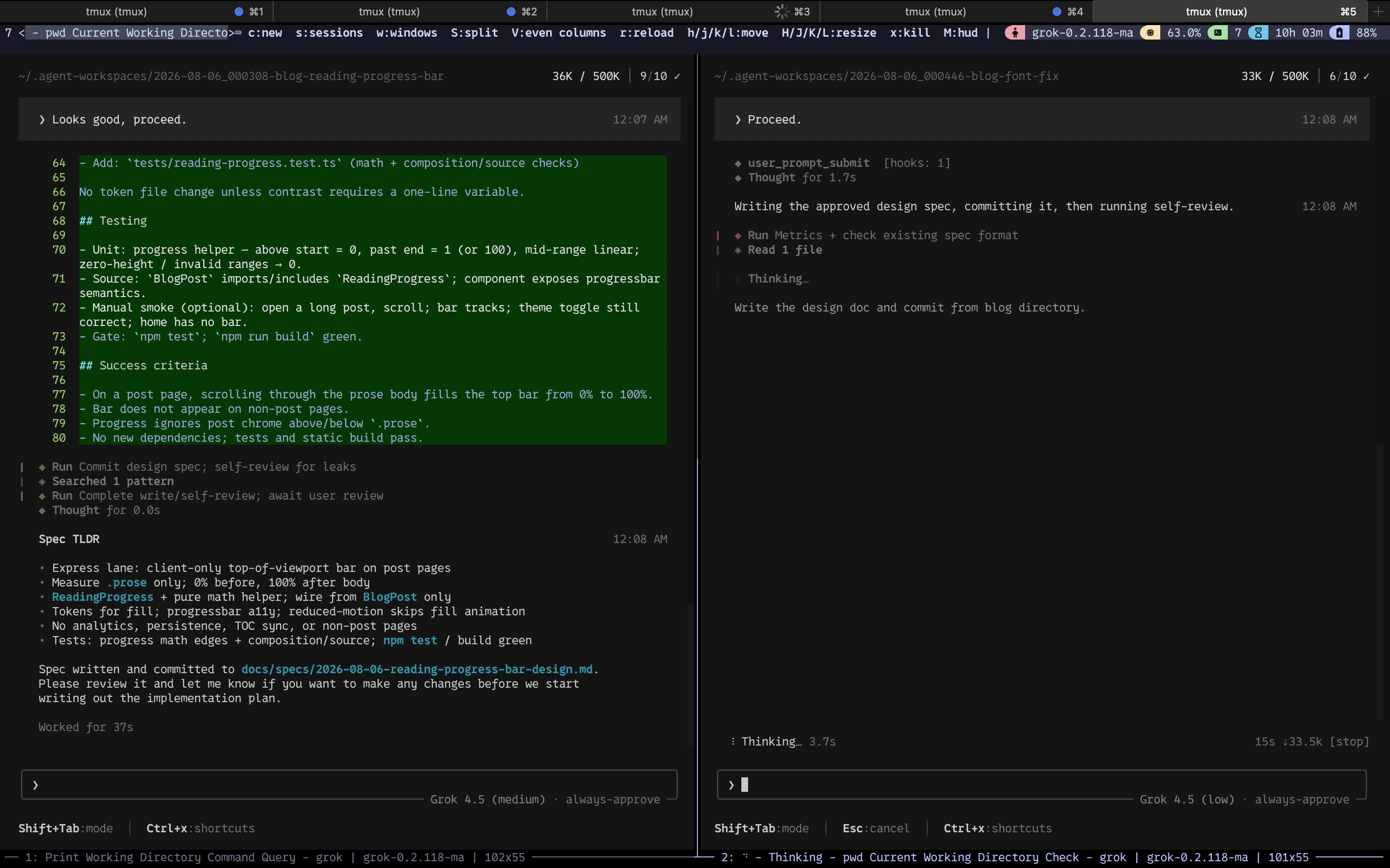 Left agent shows committed progress bar design spec TLDR; right agent is writing the typography design spec