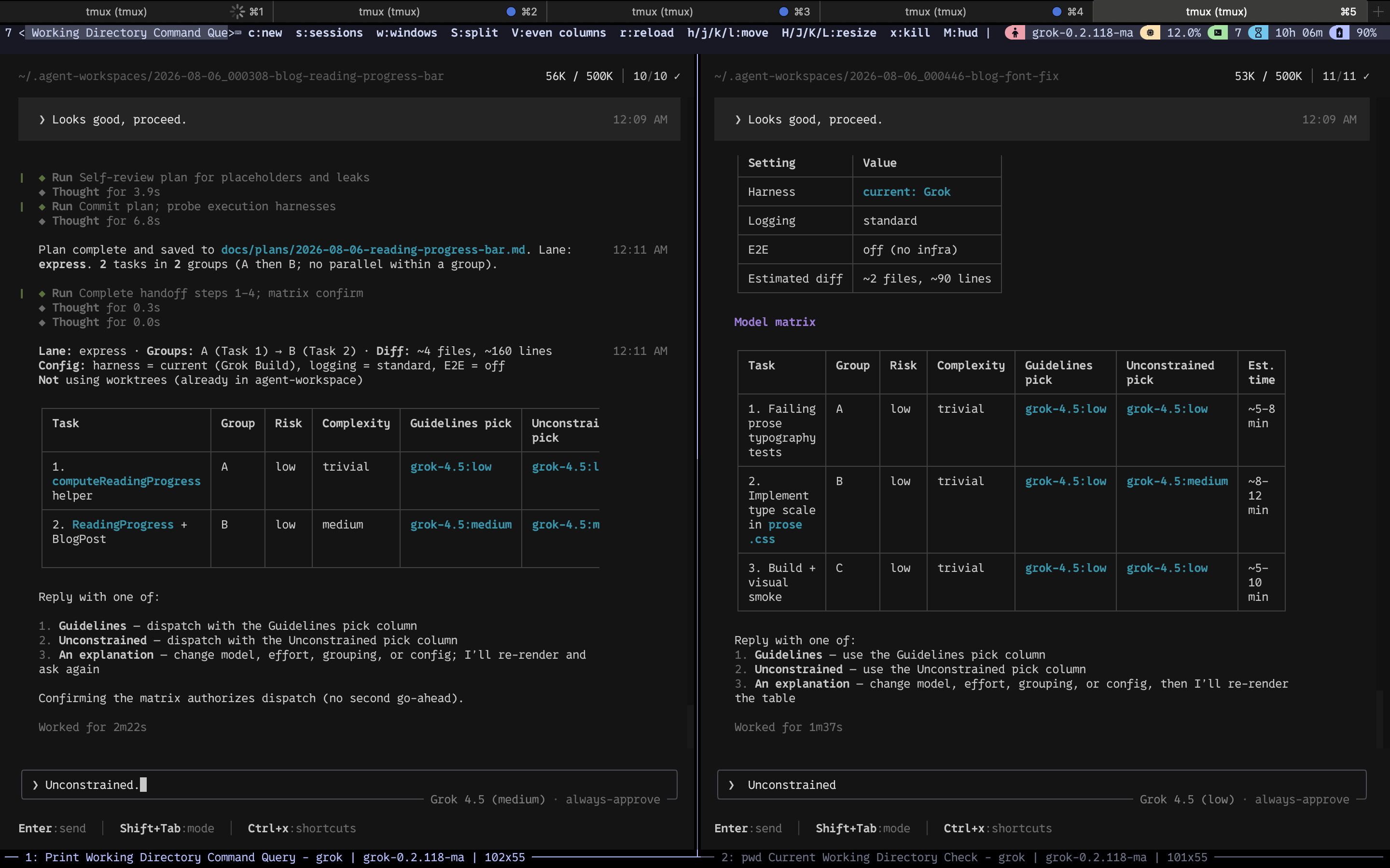 Side by side plan handoff tables with model matrix for both features and Unconstrained typed in both prompts