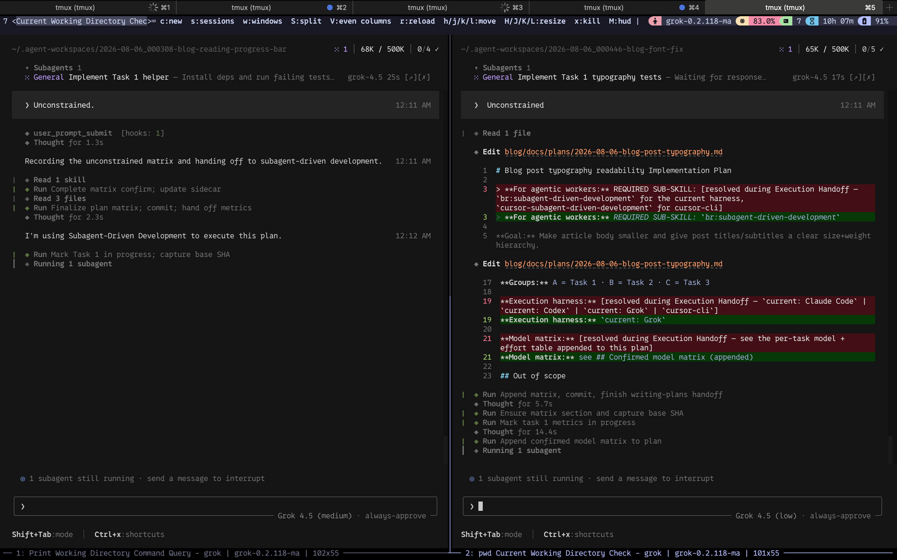 Both panes running subagent-driven development with live subagent status for task implementation