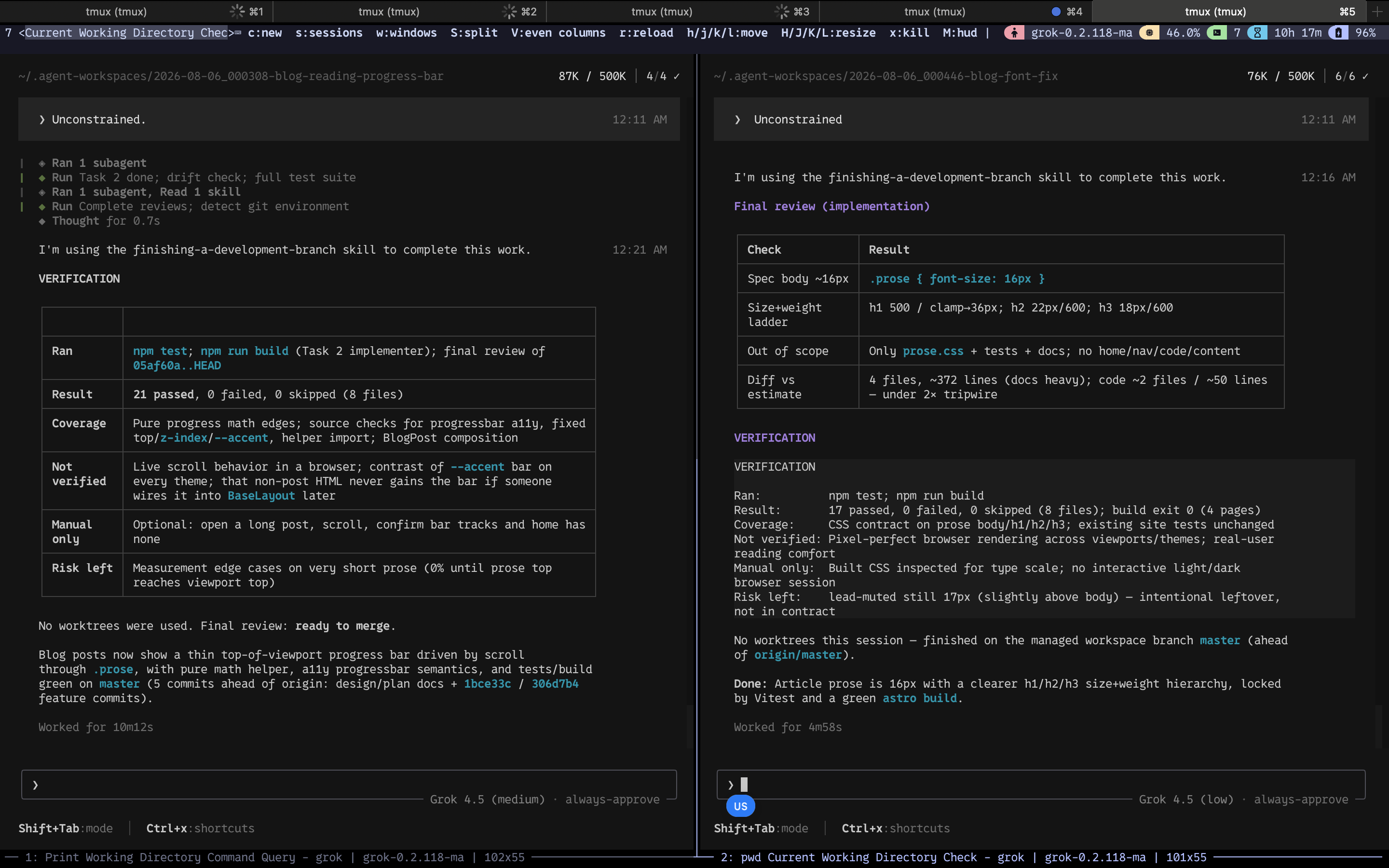 Both panes showing finishing-a-development-branch verification tables and ready-to-merge summaries