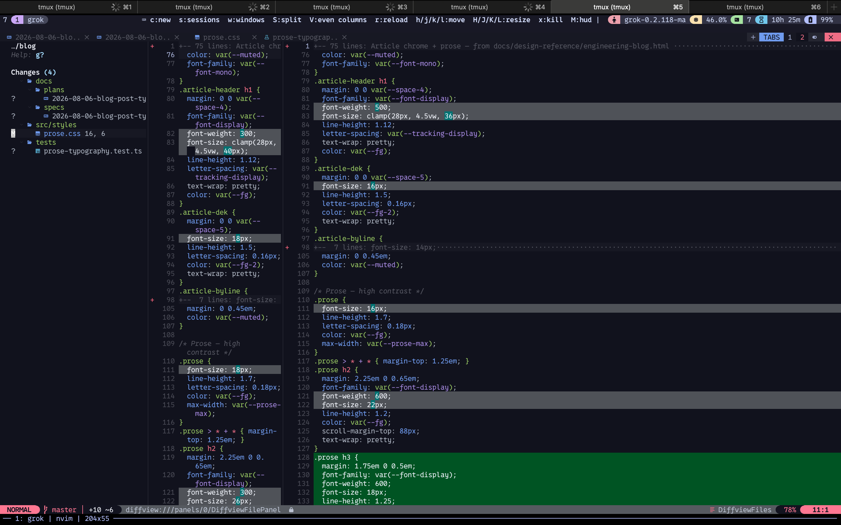 Neovim side-by-side git diff of prose.css showing typography scale changes for body and headings